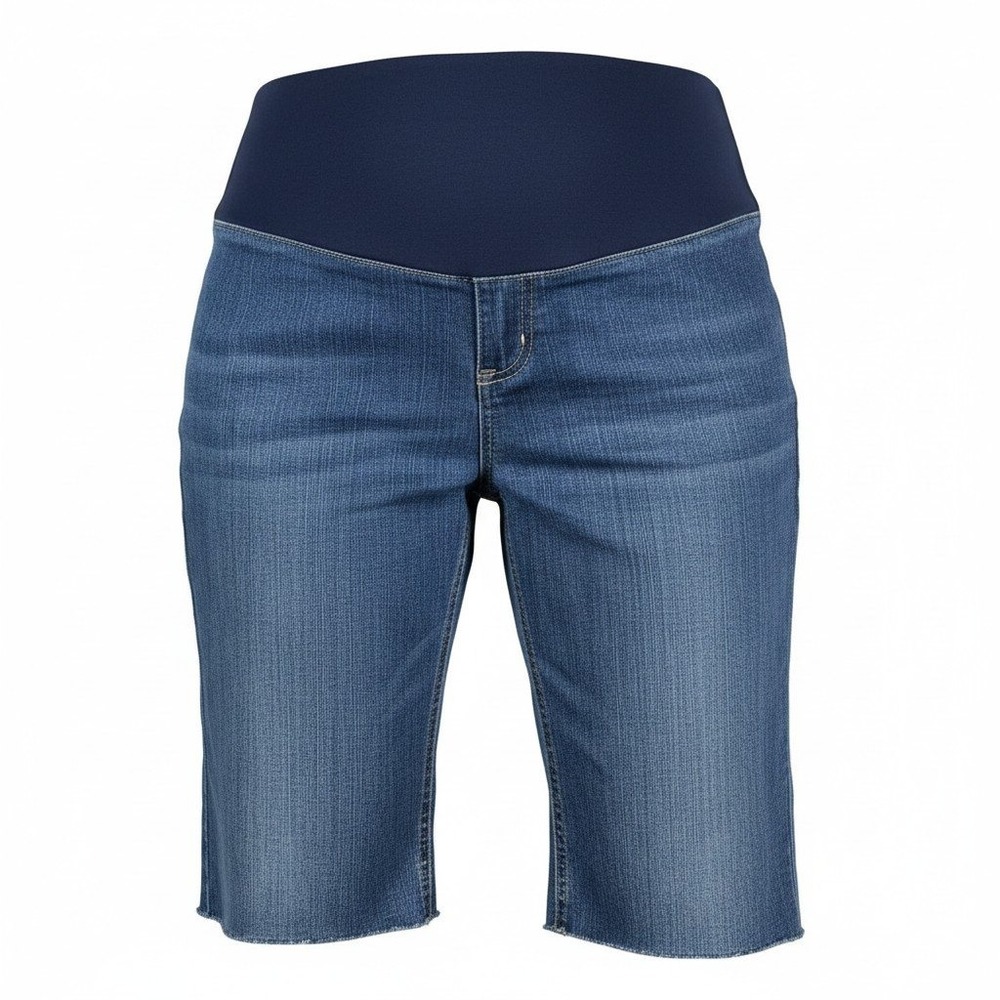 New Additions Womens Maternity Blue Denim Chic Bermuda Shorts Frayed Hem Size 2